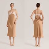 The Lace Temptation | Solid Color Lace Patchwork Backless Satin Maxi Slip Sleep Dress