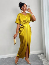 Satin V-Neck Side Split Maxi Dress