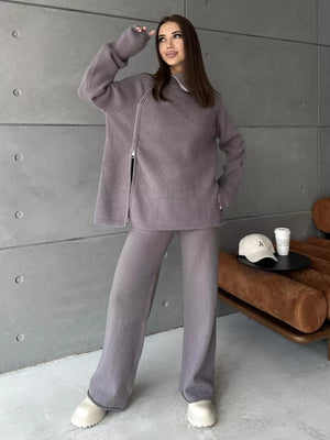 High collar zipper knitted sweater women's suit, stylish wide - leg two - piece suit - Negative Apparel