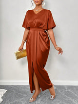 Satin V-Neck Side Split Maxi Dress
