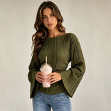 Tie Waist Pleated Flare Sleeve Top