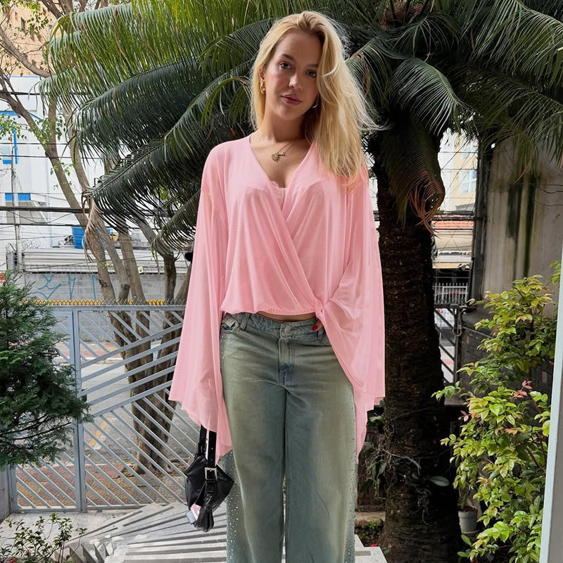Mesh Flare Sleeve V-Neck Top