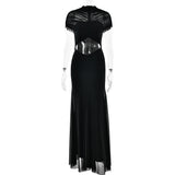 Pleated Mesh Panel Maxi Dress