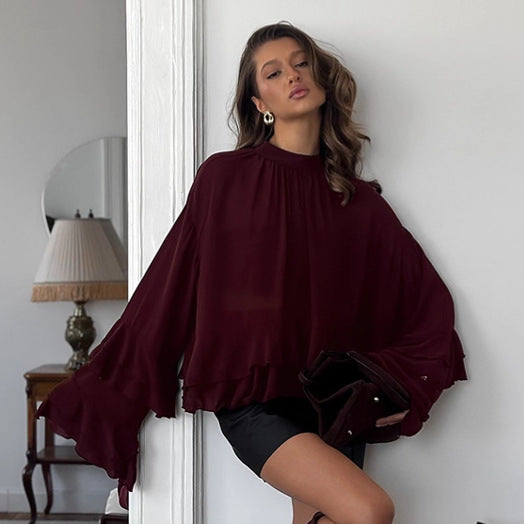 Ruffle Stand Collar Chiffon Blouse
