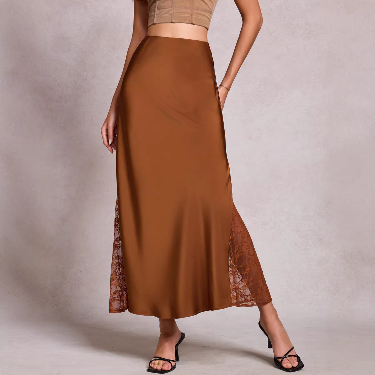 Satin Lace Trim Maxi Skirt