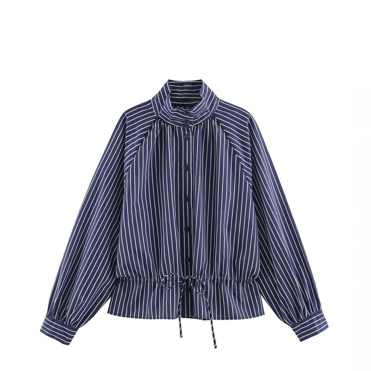A navy blue and white vertically striped long-sleeve blouse with a mock neck, drawstring waist, and front button closure, shown on a plain white background