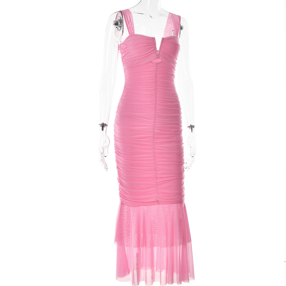 Spring and summer sling stitching dress tight pleated fishtail dress - Negative Apparel
