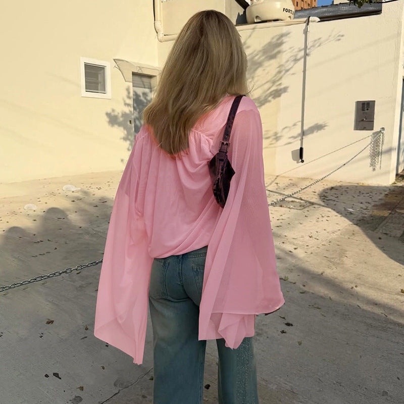 Mesh Flare Sleeve V-Neck Top