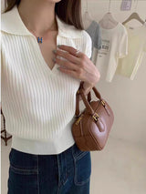 Knitted Polo Collar Short Sleeve Top