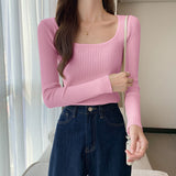 Square Neck Ribbed Knit Long Sleeve Top