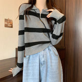 Striped Zip Polo Collar Knit Sweater