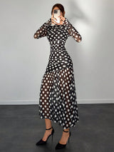 Pleated Mesh Long Sleeve Maxi Dress