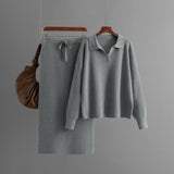 Polo Collar Knit Top and Midi Skirt Set