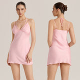 The Halter Seduction | Solid Color Lace Halter Tie-Strap Mini Satin Sleep Dress