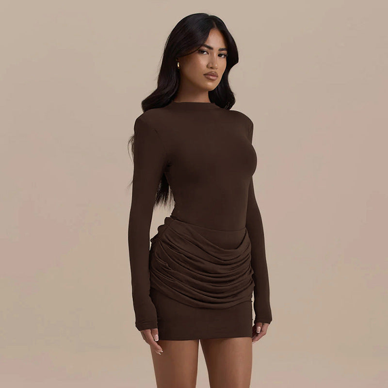 Pleated Long Sleeve Mini Dress
