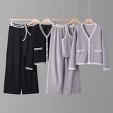 Three Piece Knit Cardigan Vest and Wide Leg Set