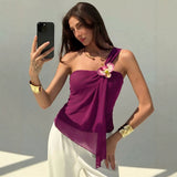 One Shoulder Mesh Flower Vest Top