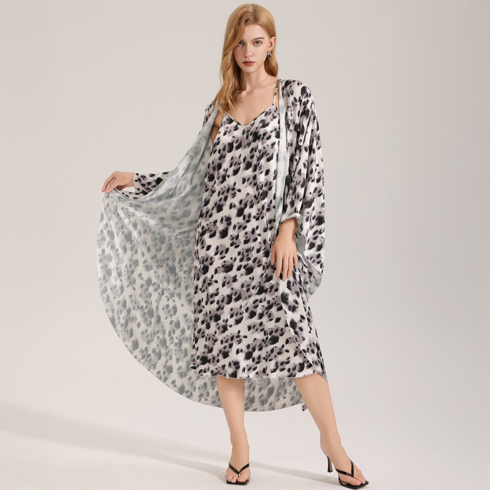 The Dot Elegance | Women's Printed Satin Suspender Chemise & Long Robe Two-Piece Set