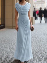 Draped Neck Pleated Midi Dress