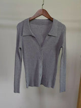 Ribbed Lapel Collar Button Knit Top