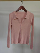 Ribbed Lapel Collar Button Knit Top
