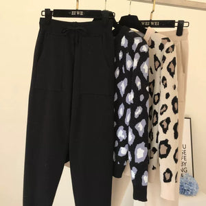 Leopard print pullover long - sleeved sweater + simple skinny pants suit - Negative Apparel