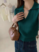 Knitted Polo Collar Short Sleeve Top