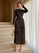 Pleated Mesh Long Sleeve Maxi Dress
