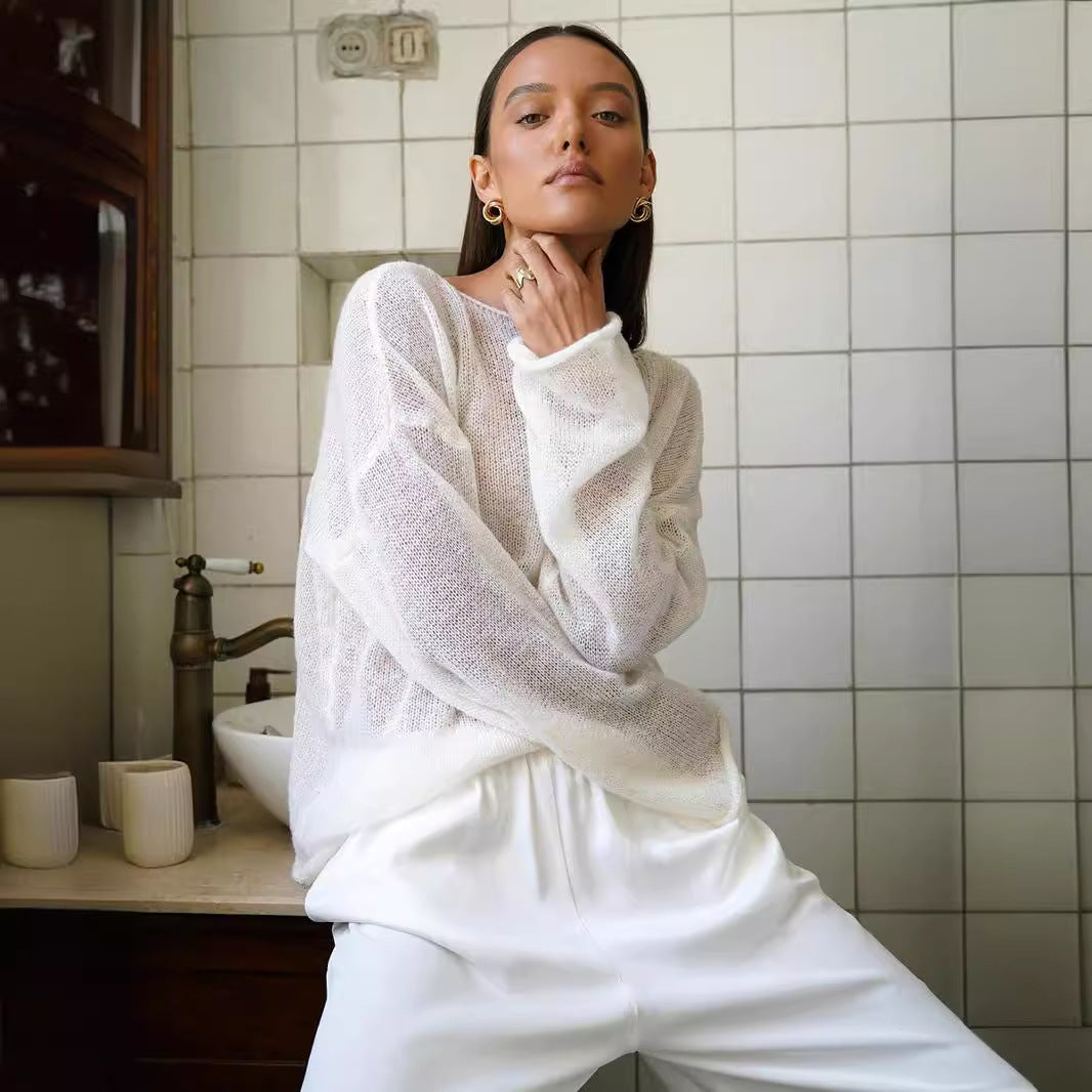 Hollow Charm | Horn Sleeve Hollow-Out Knitted Pullover Top