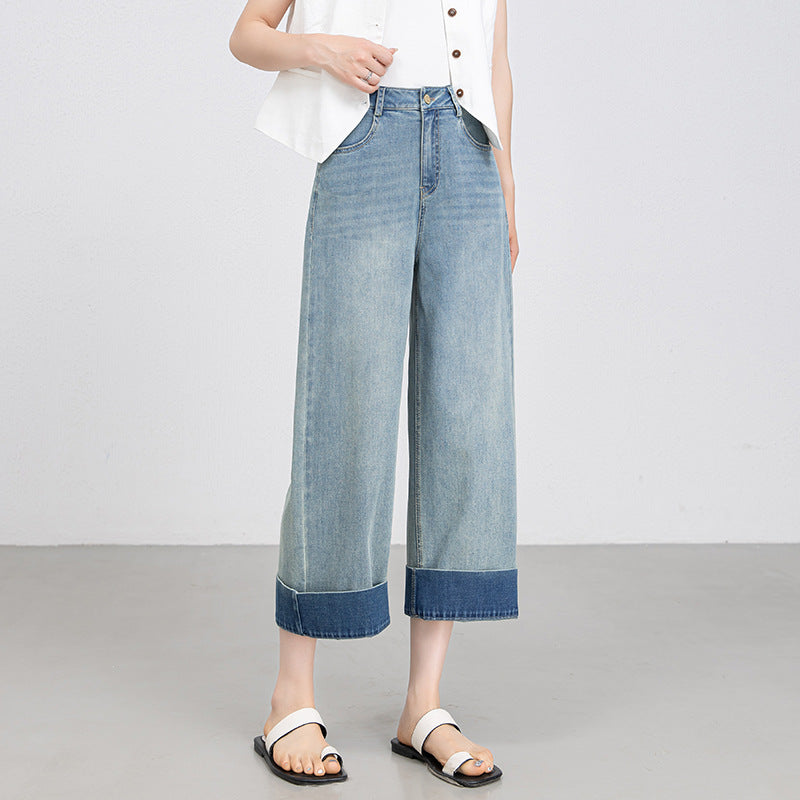 Light blue wide-leg jeans women's summer thin loose and comfortable small nine-point flanged straight-leg pants