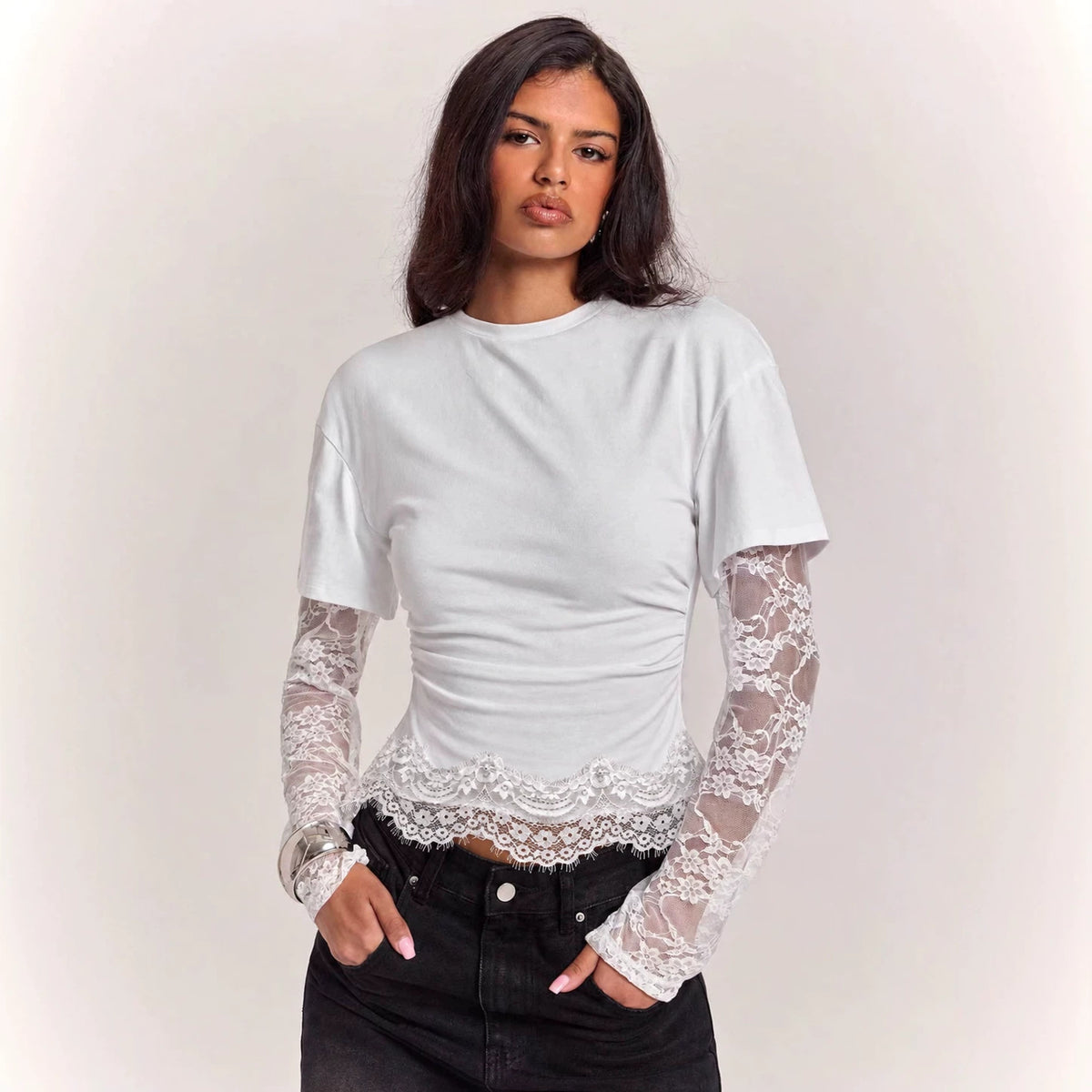 Lace Panel Side Pleated Layered Top