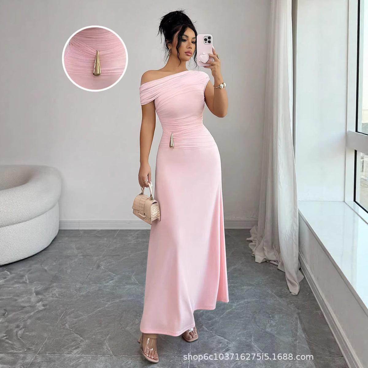 One Shoulder Pleated Maxi Dress