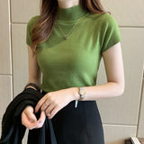 Thin Rib Mock Neck Short Sleeve Knit