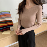 Autumn and winter V-neck knitted long-sleeved slim-fitting tight-fitting warm bottoming shirt top trendy pullover thin sweater women's wholesale