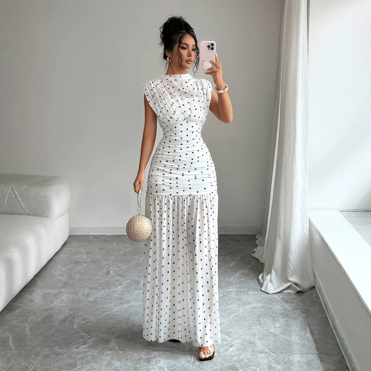Polka Dot Pleated Sleeveless Maxi Dress