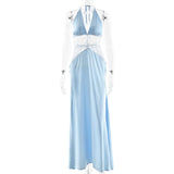 Satin Halter Maxi Dress with Lace