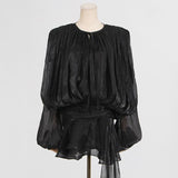 Pleated Mesh Puff Sleeve Mini Dress