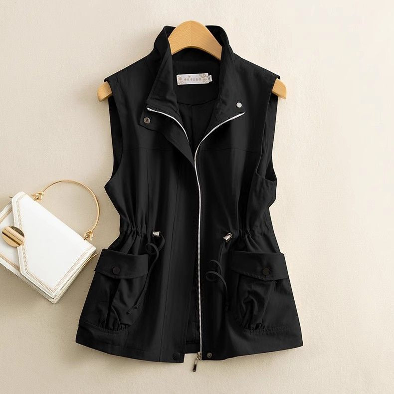 Women’s Solid Color Zipper Vest – Loose Fit Polo Collar Sleeveless Jacket | Elegant Commuter Style