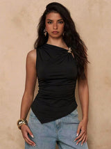 Metal Buckle Pleated Sleeveless Top