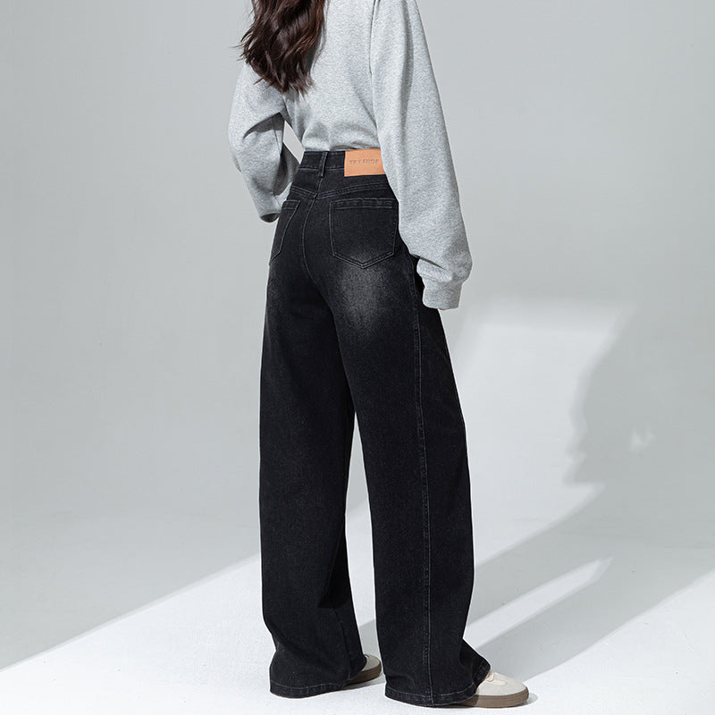Black and gray high-waisted wide-leg jeans women's 2025 spring new small pear-shaped thin straight floor pants