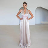 Satin Halter Maxi Dress with Lace