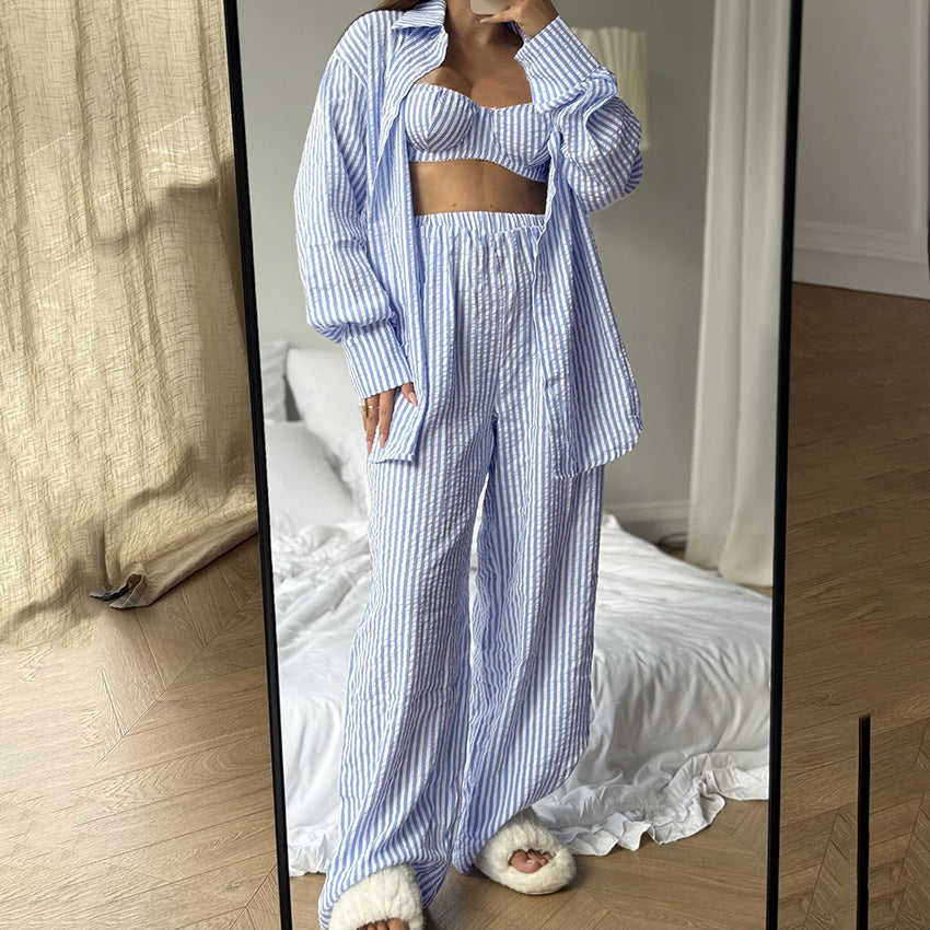 The Coastal Chic | Striped 3-Piece Cotton-Blend Loungewear Set