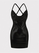 ICON Concert Outfits Ladies' Draped Neck Bodycon Mini Slip Dress With Shoulder Strap