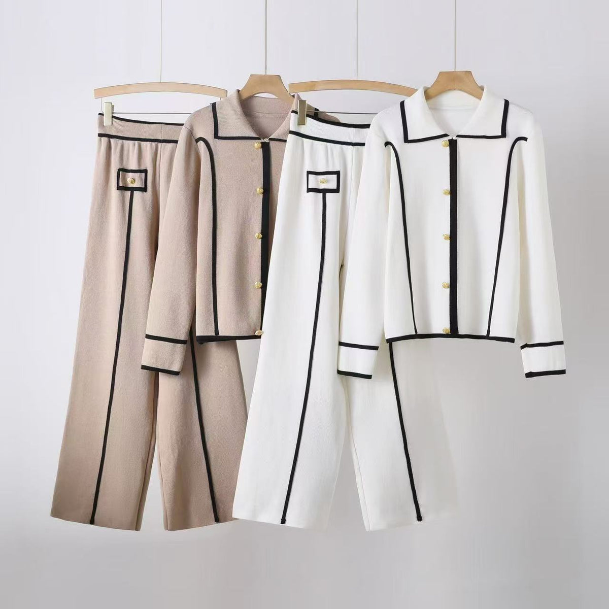 Metal Button Lapel Cardigan and Trouser Set