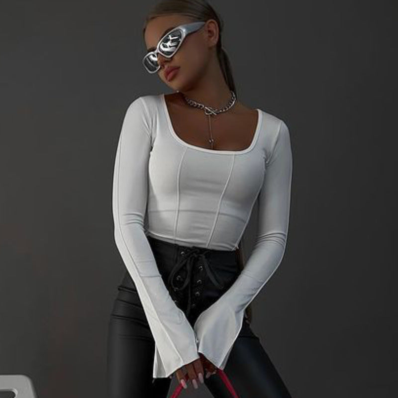 Square neck pullover slim long-sleeved knitted top