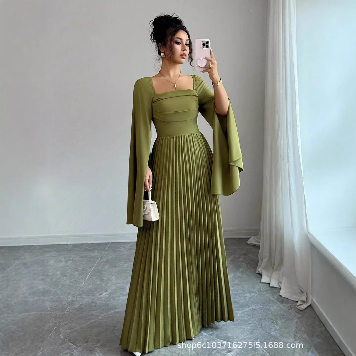 Pleated Lantern Sleeve Maxi Dress