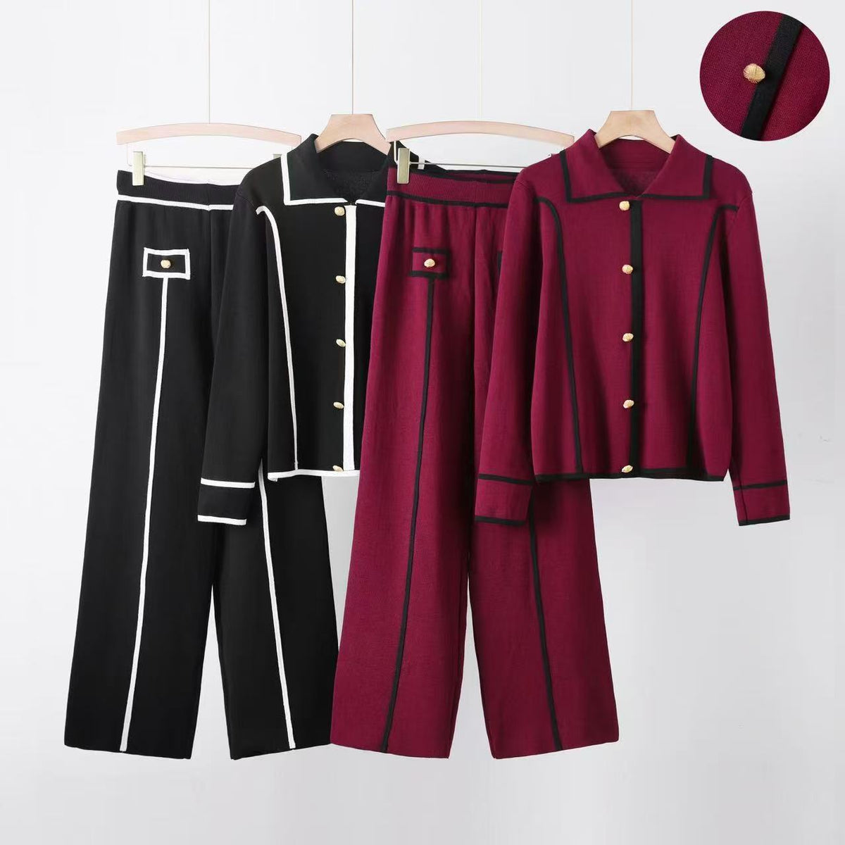 Metal Button Lapel Cardigan and Trouser Set