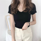 Short-sleeved t-shirt women's 2023 spring and summer new women's clothing half-sleeved slim-fitting V-neck knitted bottoming shirt short top