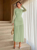 Pleated Mesh Long Sleeve Maxi Dress
