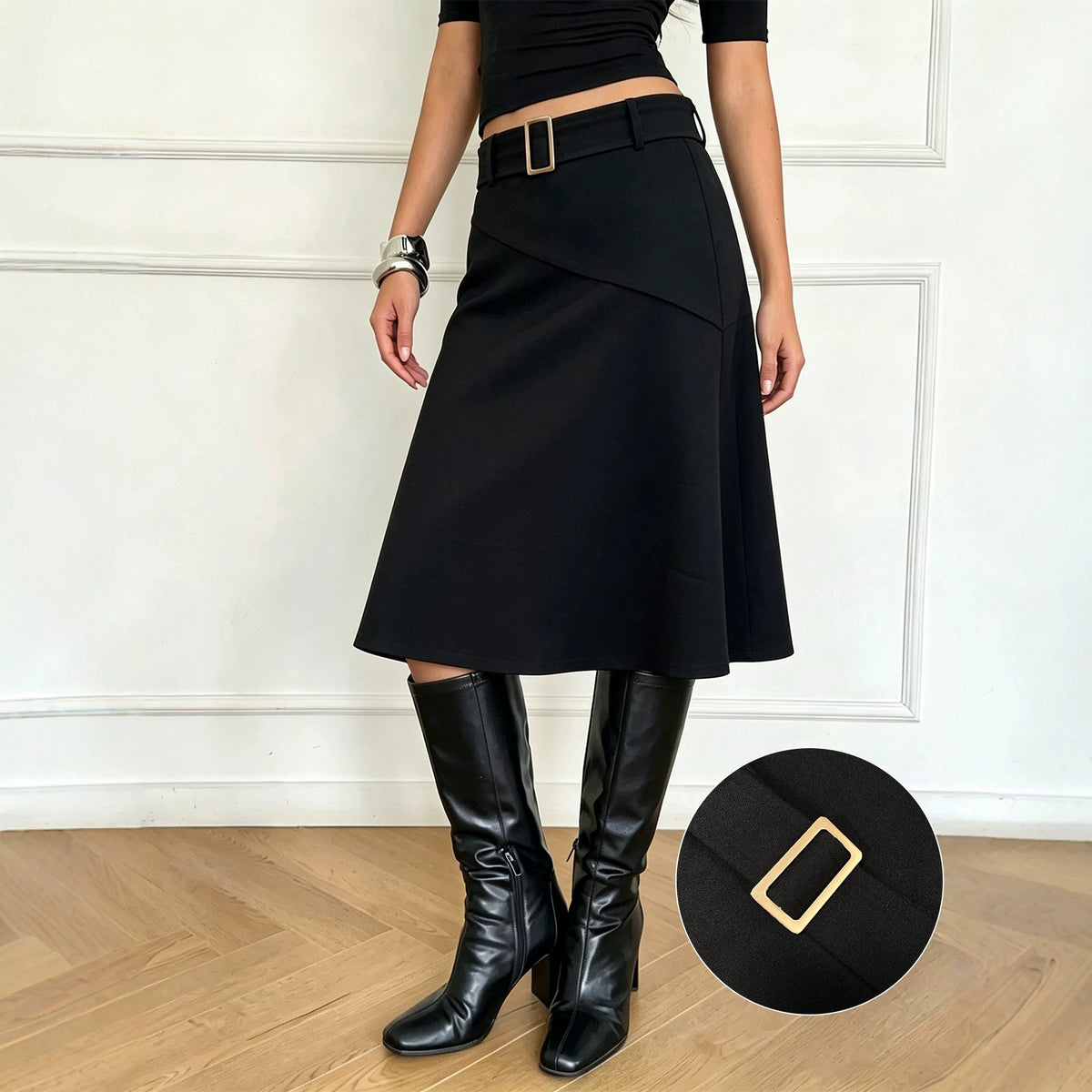 Belted Asymmetric A-Line Midi Skirt